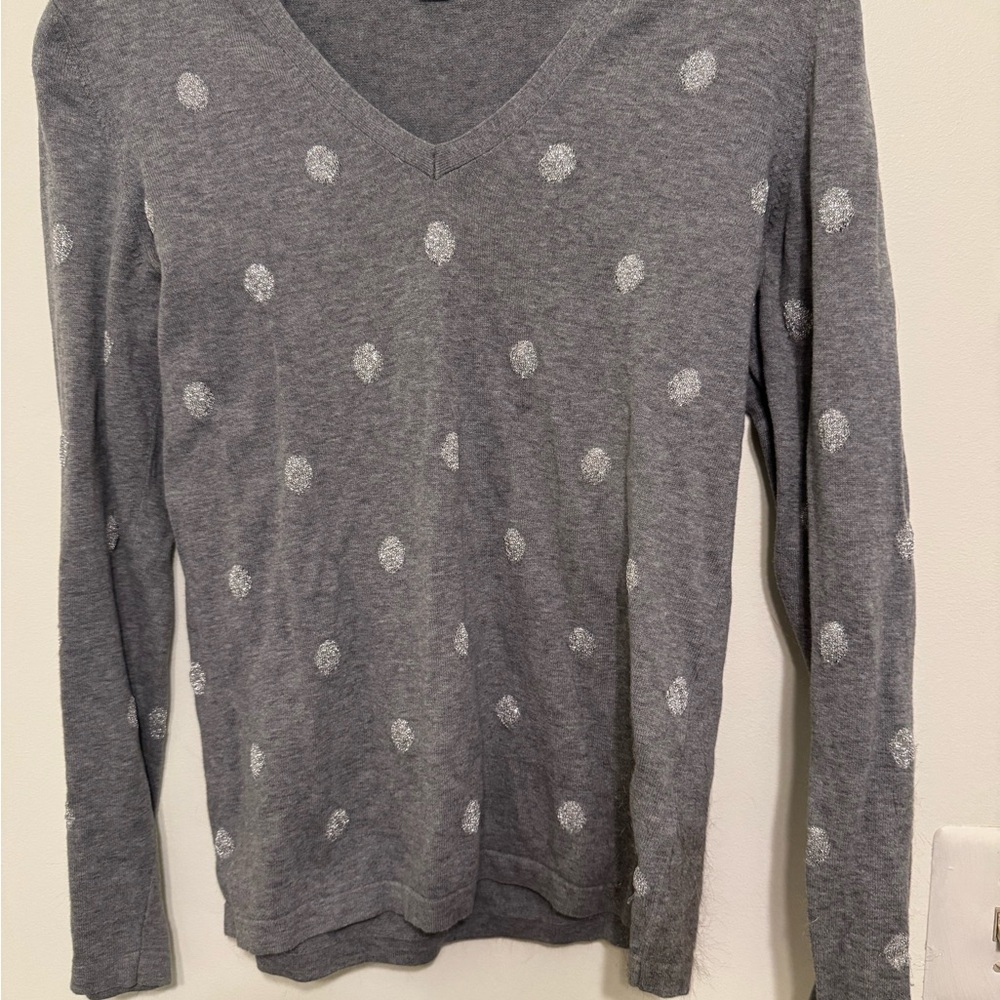 Gray V-Neck Sweater with Silver Dot Pattern